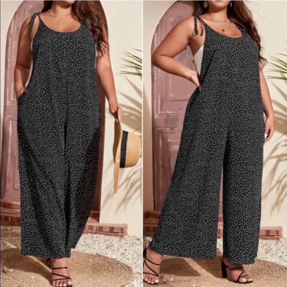 Plus Polka Dot Knot Shoulder Cami Pocket Wide Leg Jumpsuit Dress GREEN - Picture 4 of 6